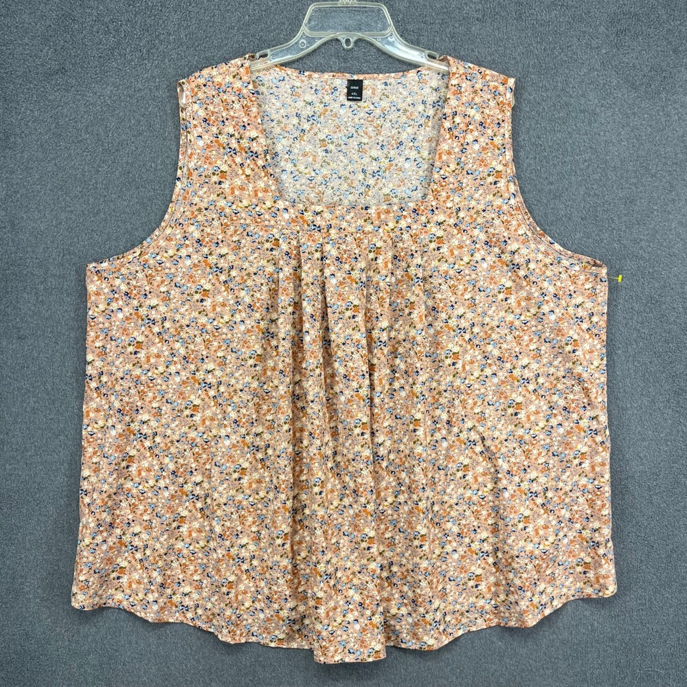 Curve Tank Top Womens 4XL Peach Floral Square Neck Pleated Plus Size Boho Tank